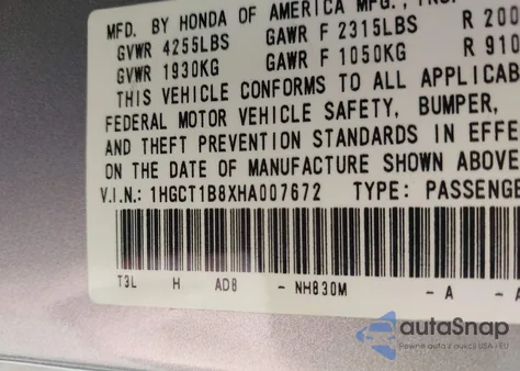 2017 Honda Accord Ex-L из США, поврежденный, VIN 1HGCT1B8XHA007672